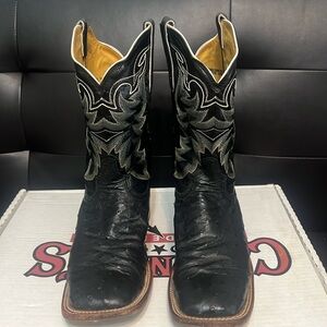 Tony Lama Black Square Toe Ostrich Skin Cowboy Boots